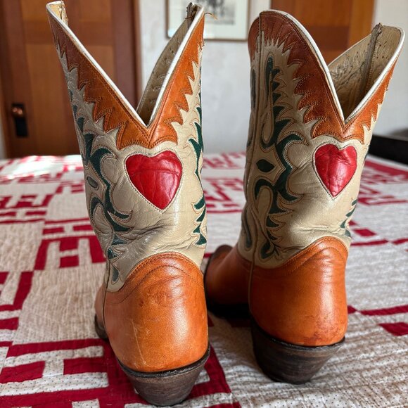 Custom Hammon Cowboy Boots, Women's 8C, PeeWee, Brown & Tan, inlaid tops - Picture 4 of 11